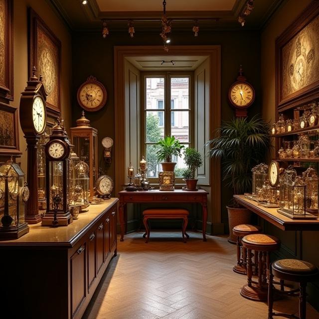 Interno del negozio con orologi antichi e decorazioni moderne