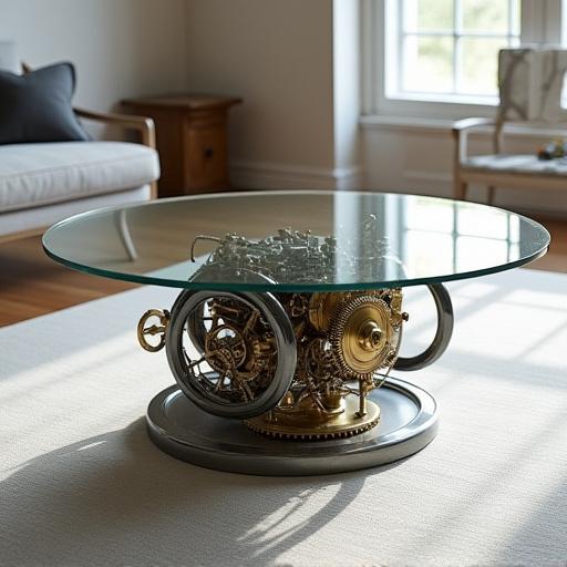 Tavolino da salotto con base di ingranaggi complessi